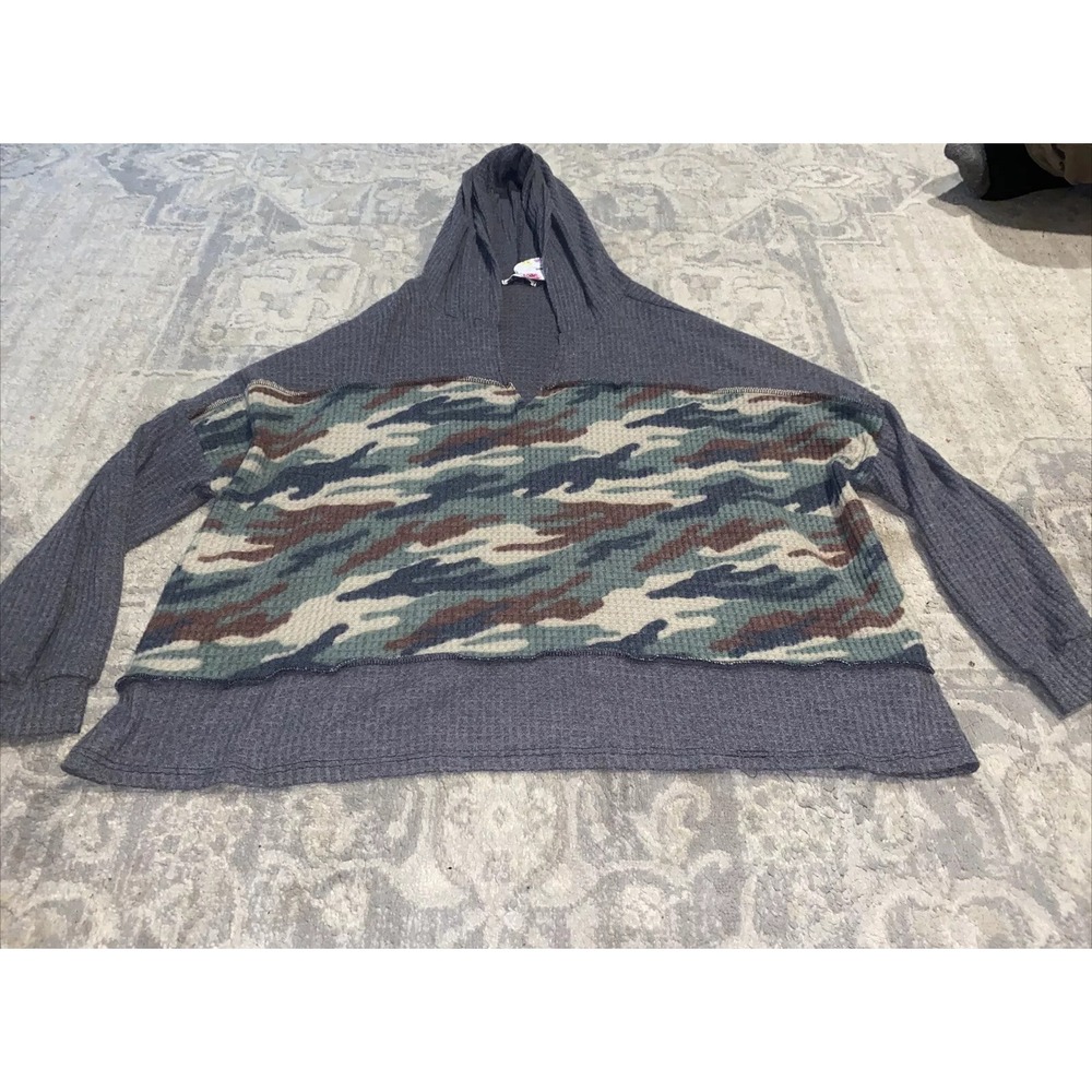 New 12PM by Mon Ami Sz‎ Small Camo Gray Waffle Crop Hoodie Shirt 3/4 Sleeves